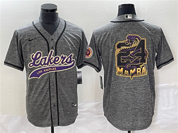 Men's Los Angeles Lakers #24 Mamba Big Logo Gray Cool Base Stitched Baseball Jersey